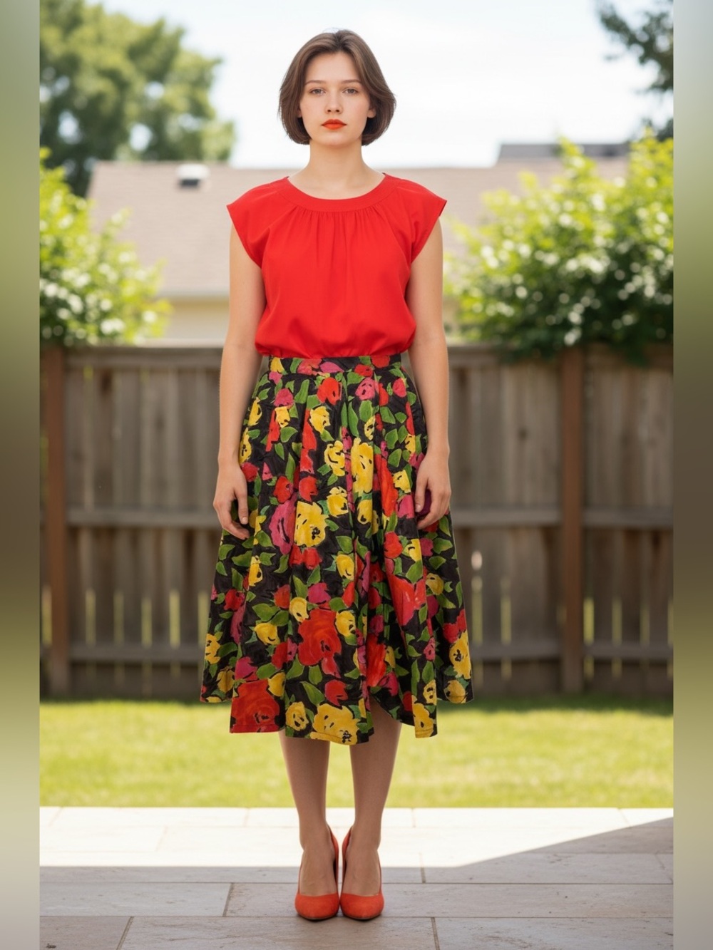 Dior Red Blouse And Floral Midi Skirt in Black with Red, Yellow & Green Blooms